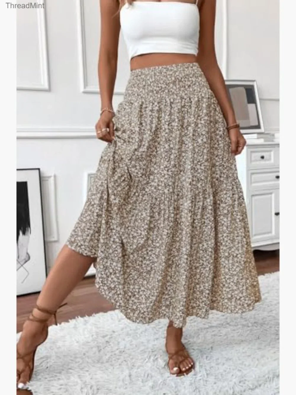Women's Smocked High Waist Maxi Skirt Casual Boho Long Skirts with Pockets - Picture 7 of 7